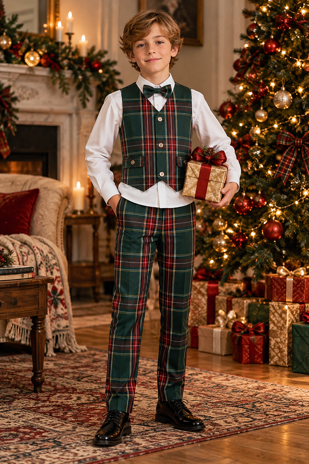 Green Tartan Boys Christmas Vest Suit 2 Piece Set