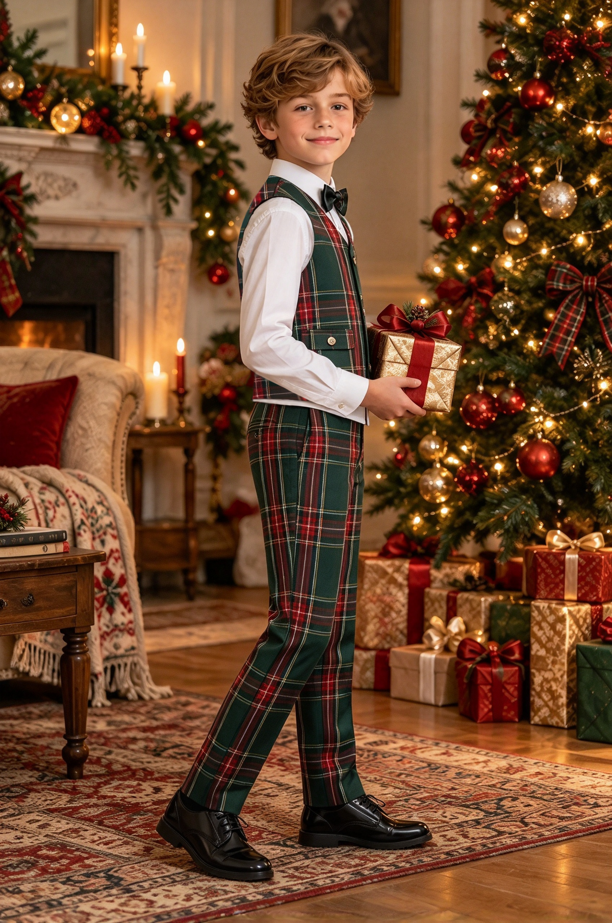 Green Tartan Boys Christmas Vest Suit 2 Piece Set