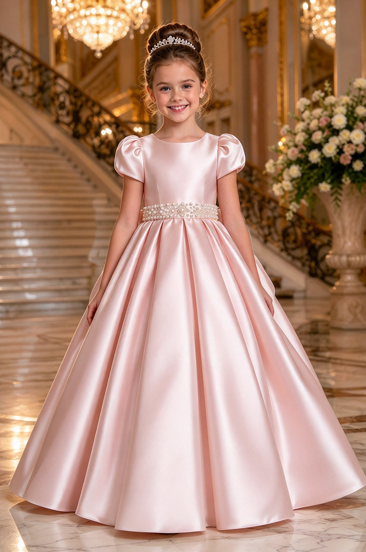 Ivory Satin Puff Sleeve Round Neck Pearl Big Bow A-Line Dress