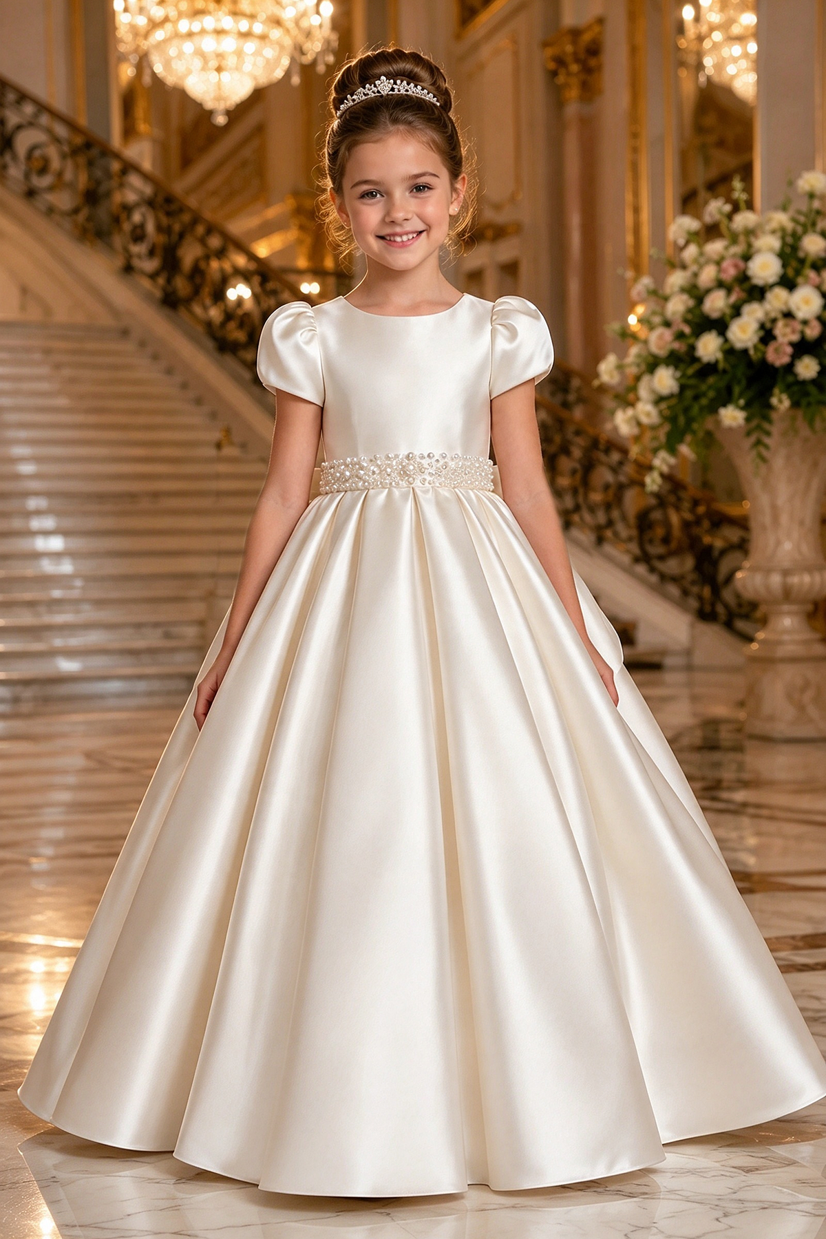Ivory Satin Puff Sleeve Round Neck Pearl Big Bow A-Line Dress