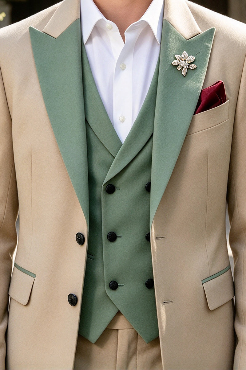 Boys Beige Tailcoat with Sage Green Vest 3 Piece Suit Set
