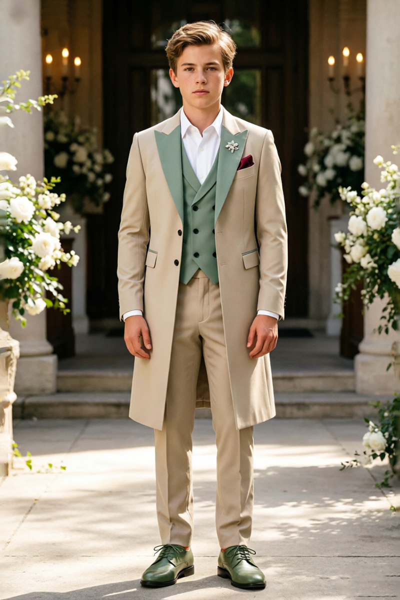 Boys Beige Tailcoat with Sage Green Vest 3 Piece Suit Set