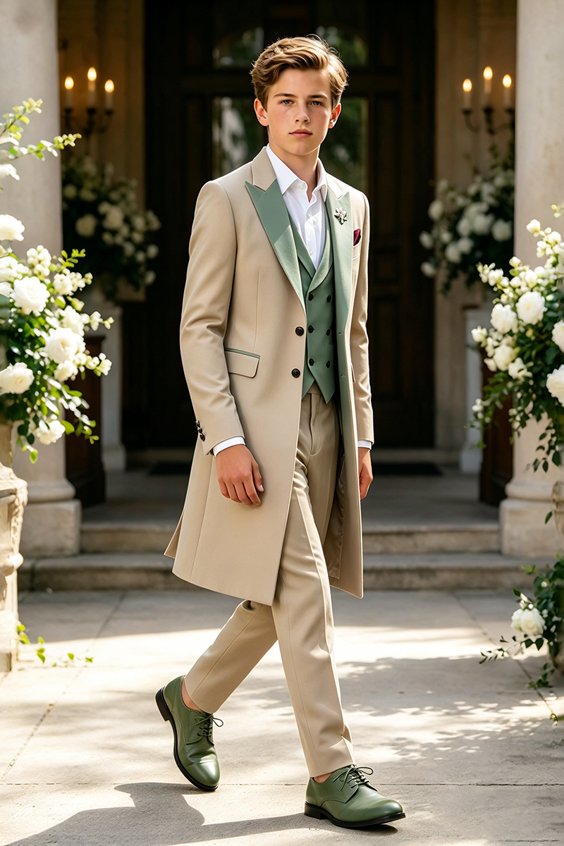 Boys Beige Tailcoat with Sage Green Vest 3 Piece Suit Set