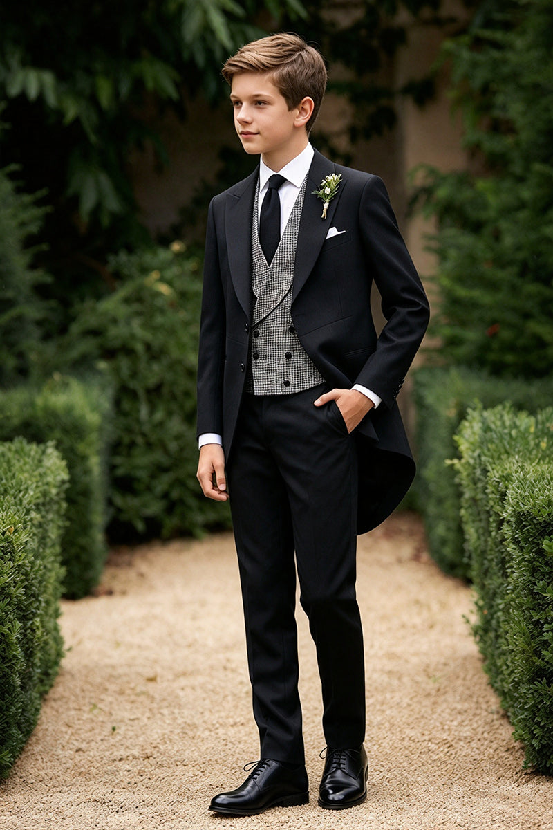 Boys Black Tailcoat with Check Waistcoat 3-Piece Suit Set
