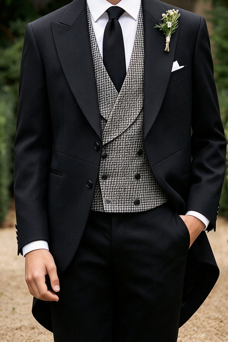 Boys Black Tailcoat with Check Waistcoat 3-Piece Suit Set