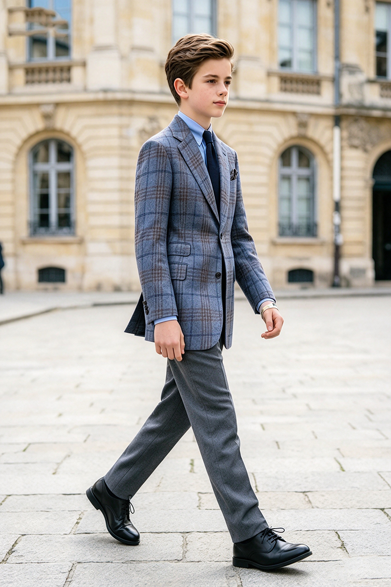 Boys Grey Plaid with Notched Lapel 2-Piece Suit