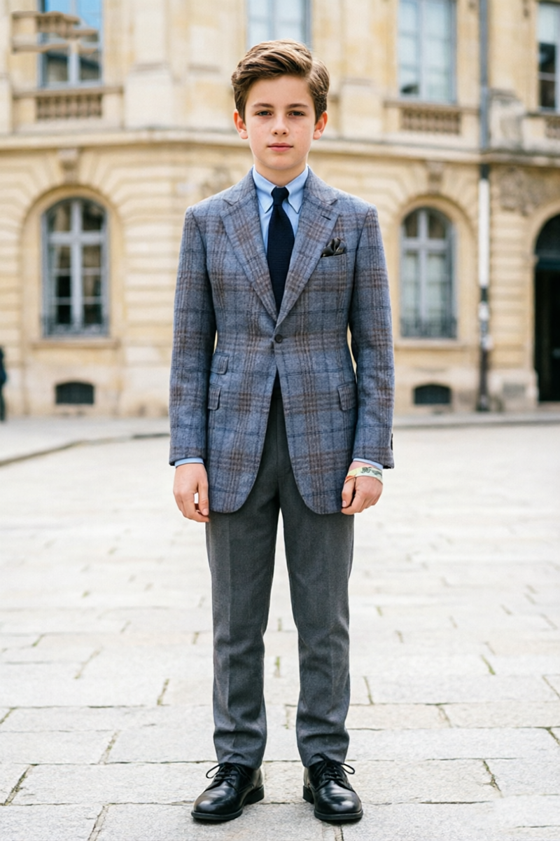 Boys Grey Plaid with Notched Lapel 2-Piece Suit