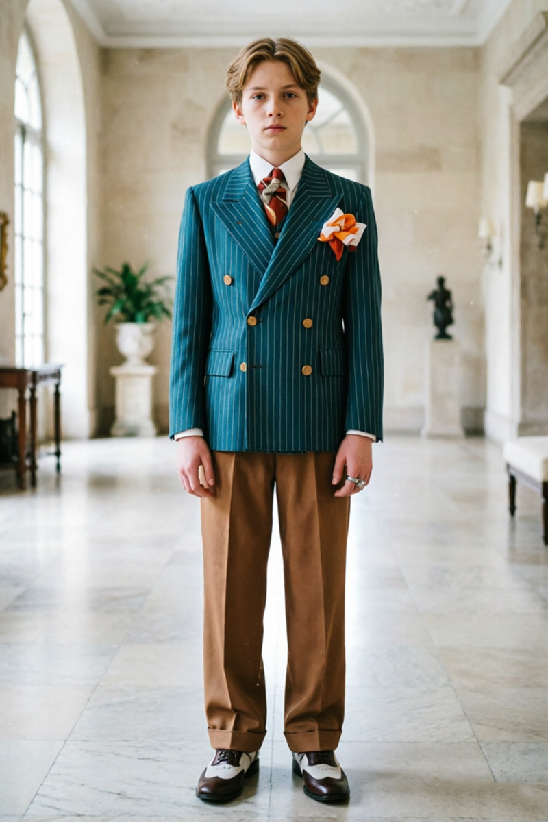 Boys Teal Pinstripe with Contrast Trousers 2-Piece Suit