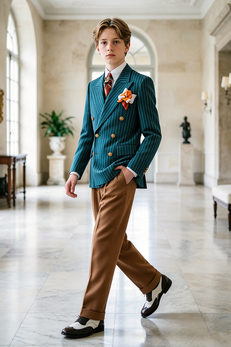 Boys Teal Pinstripe with Contrast Trousers 2-Piece Suit