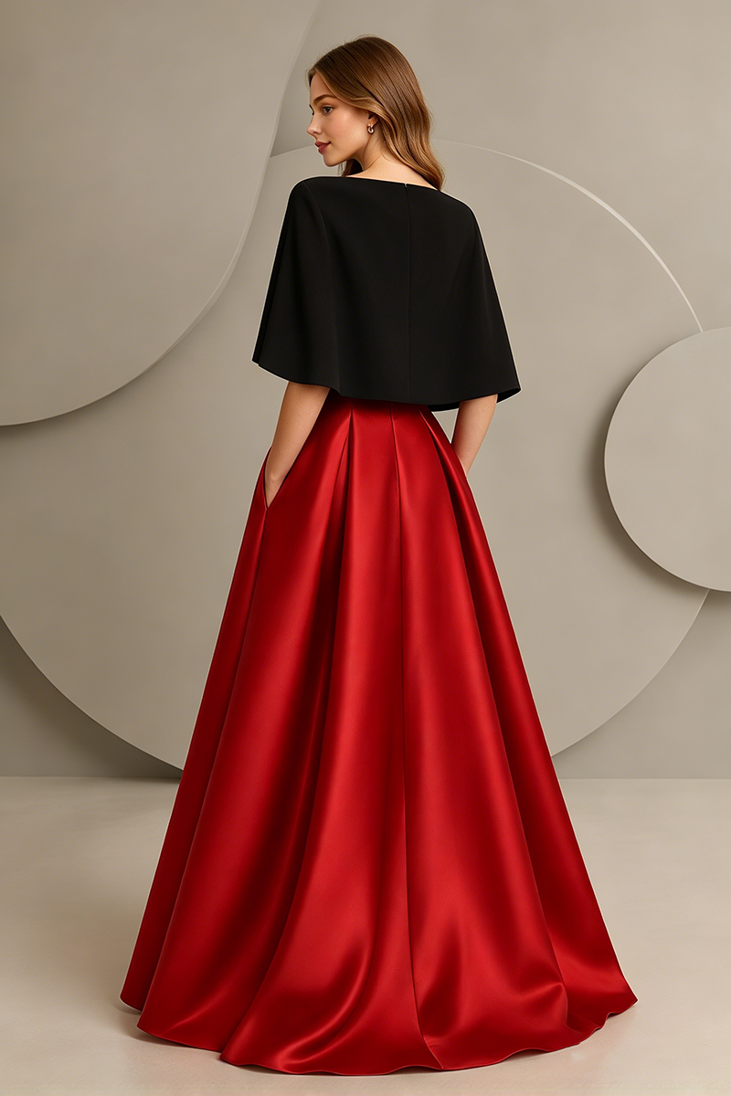 Girls Red Satin Ball Dress with Black Cape Overlay