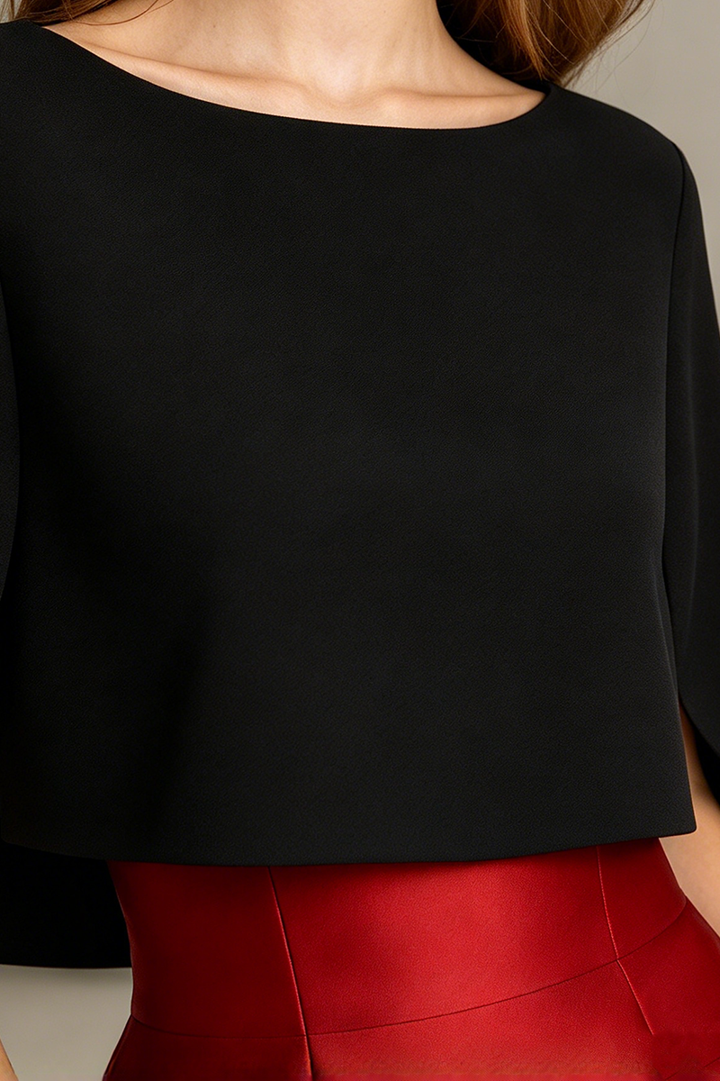 Girls Red Satin Ball Dress with Black Cape Overlay
