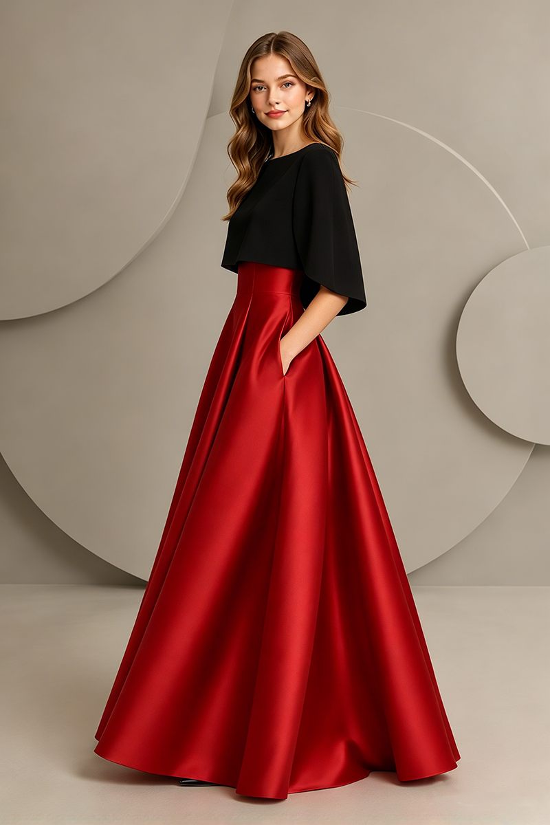 Girls Red Satin Ball Dress with Black Cape Overlay