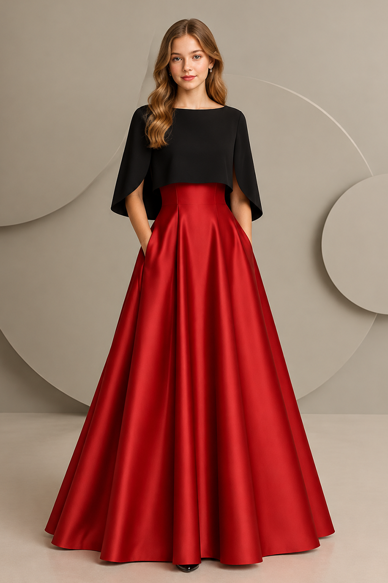 Girls Red Satin Ball Dress with Black Cape Overlay