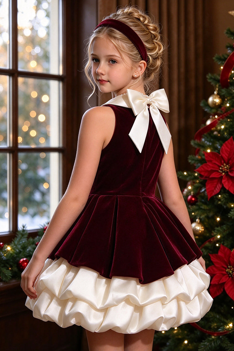 irls Burgundy Velvet Dress with Satin Bubble Skirt