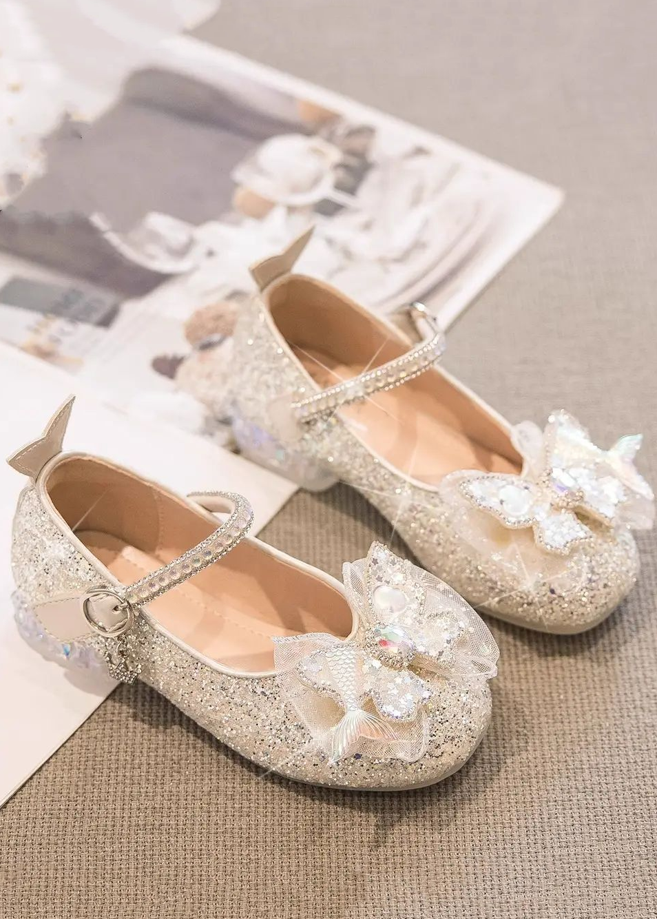 Pink Glitter Mermaid Rhinestone Butterfly Girls Princess Shoes