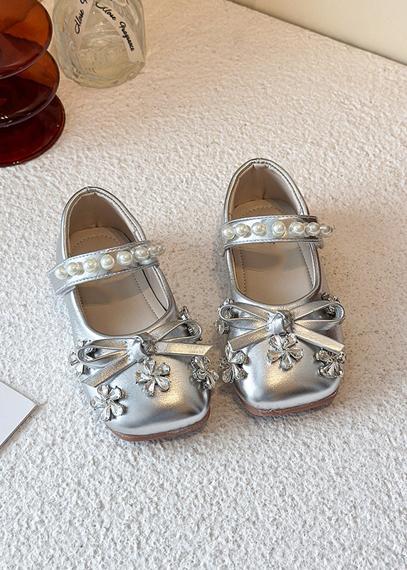 Beige PU Girls Rhinestone Flower Bow Princess Shoes