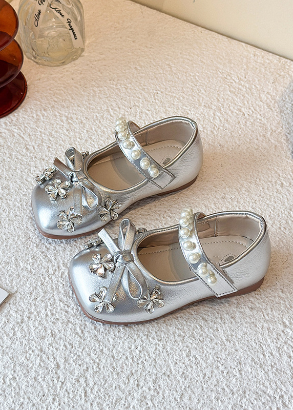 Beige PU Girls Rhinestone Flower Bow Princess Shoes
