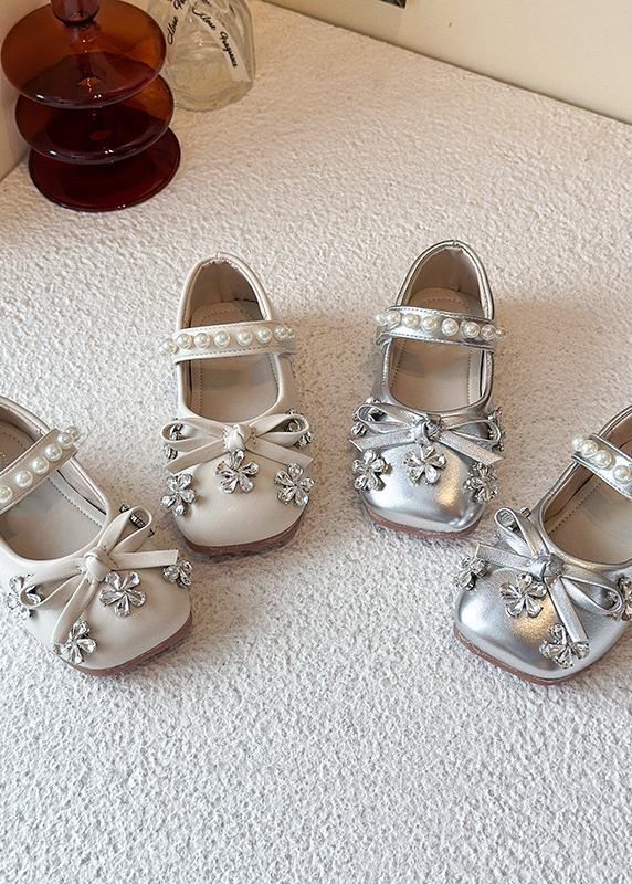 Beige PU Girls Rhinestone Flower Bow Princess Shoes