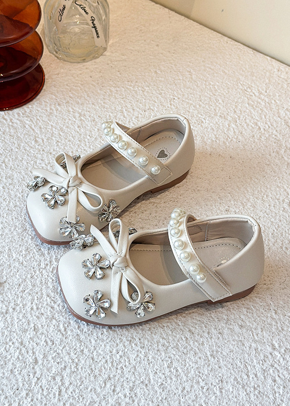 Beige PU Girls Rhinestone Flower Bow Princess Shoes