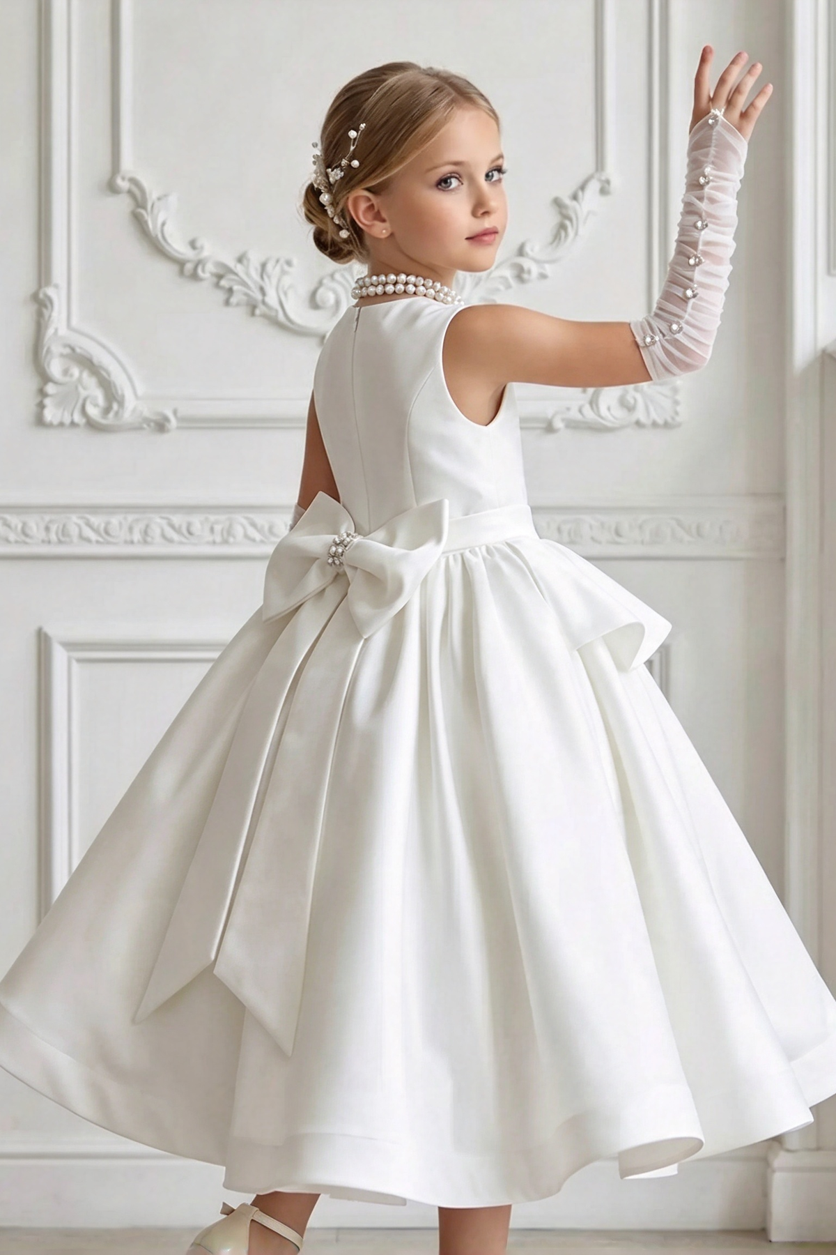 White Satin Round Neck Bow A-Line Formal Dress