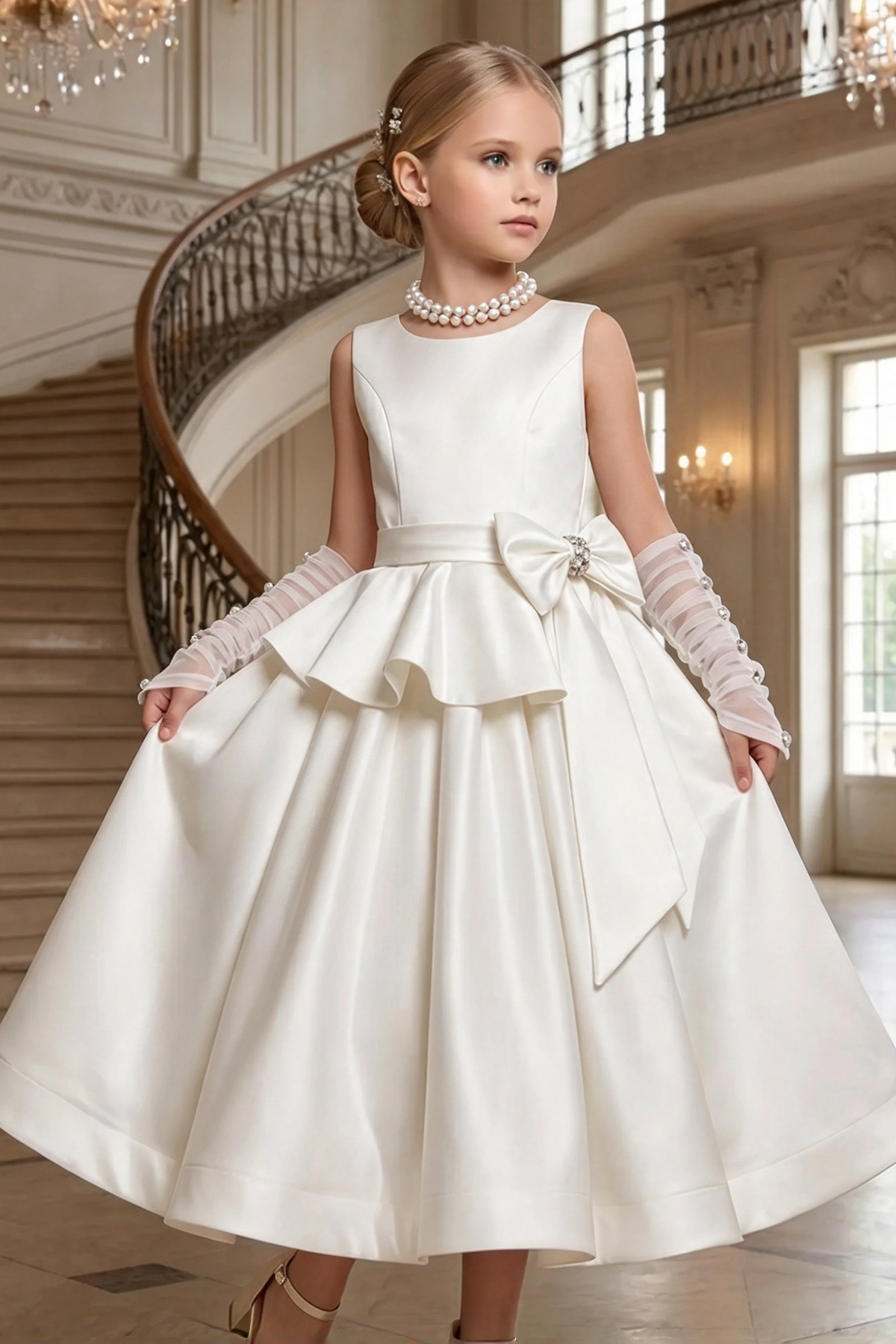 White Satin Round Neck Bow A-Line Formal Dress
