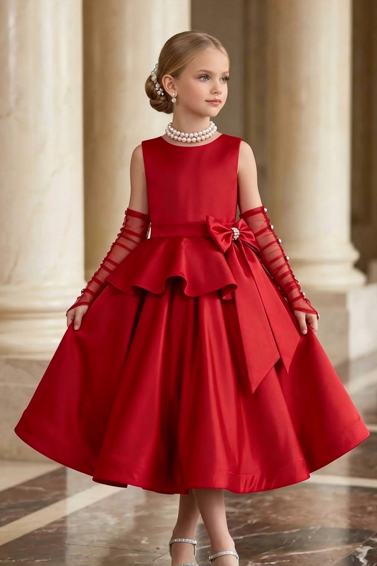 White Satin Round Neck Bow A-Line Formal Dress