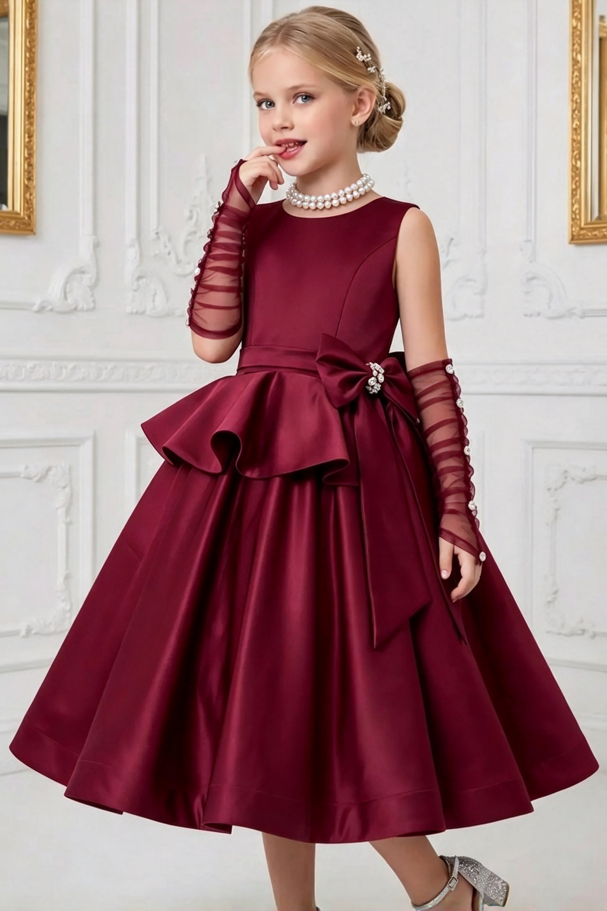 White Satin Round Neck Bow A-Line Formal Dress
