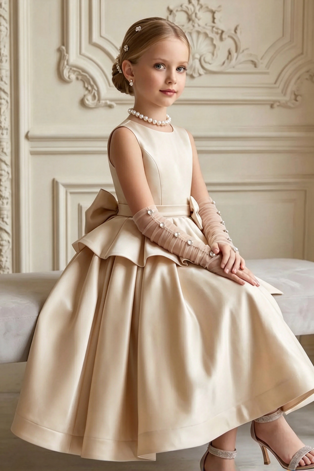 White Satin Round Neck Bow A-Line Formal Dress