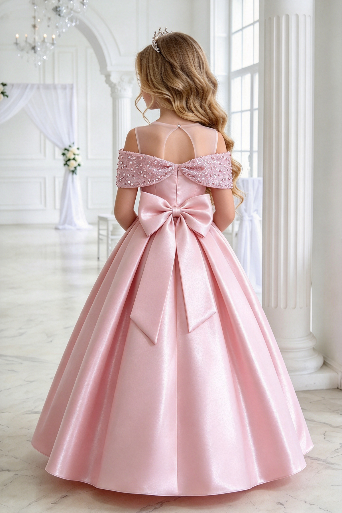 Pink Satin Off Shoulder Sequin Bow A-Line Dress