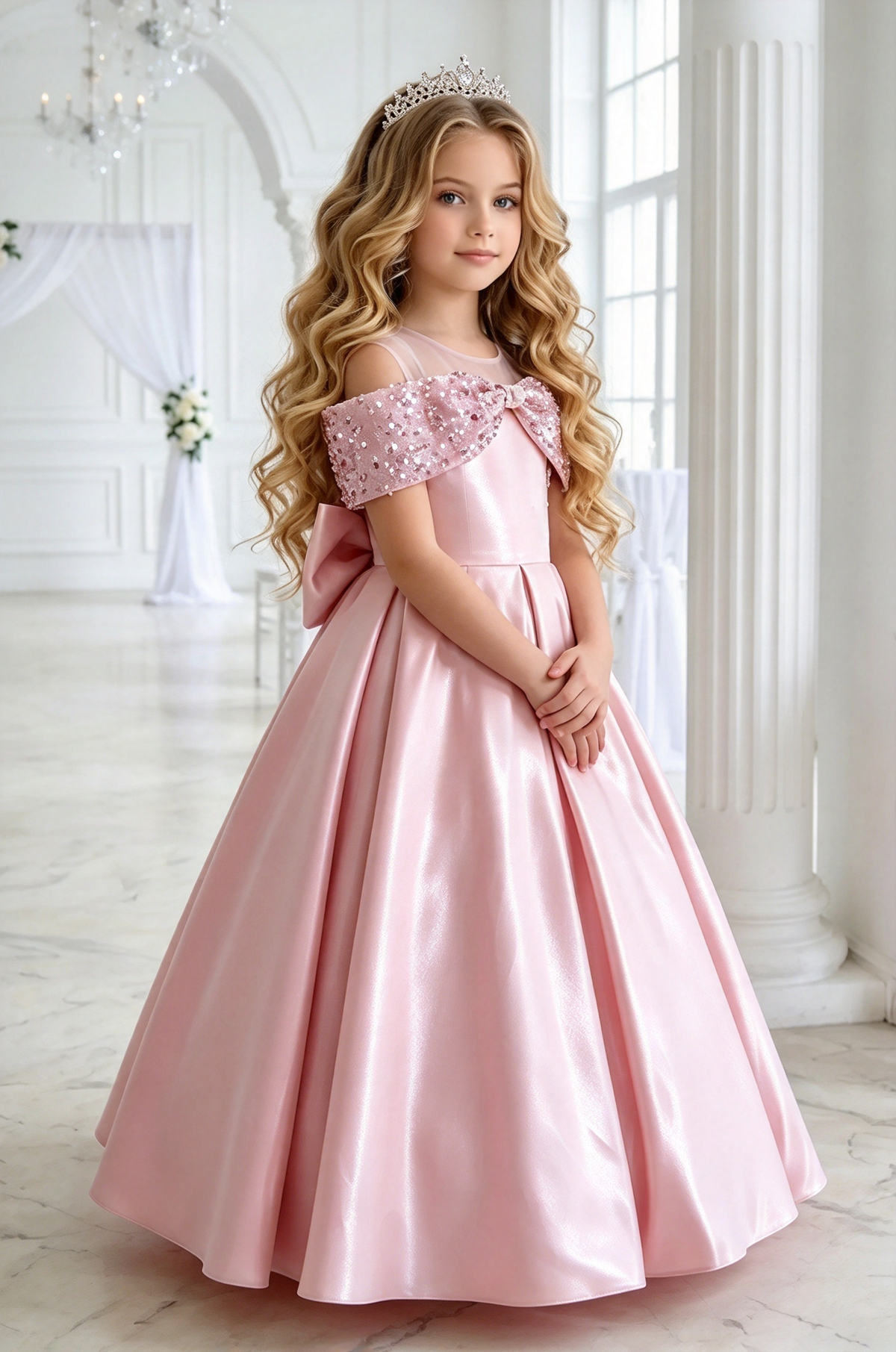 Pink Satin Off Shoulder Sequin Bow A-Line Dress