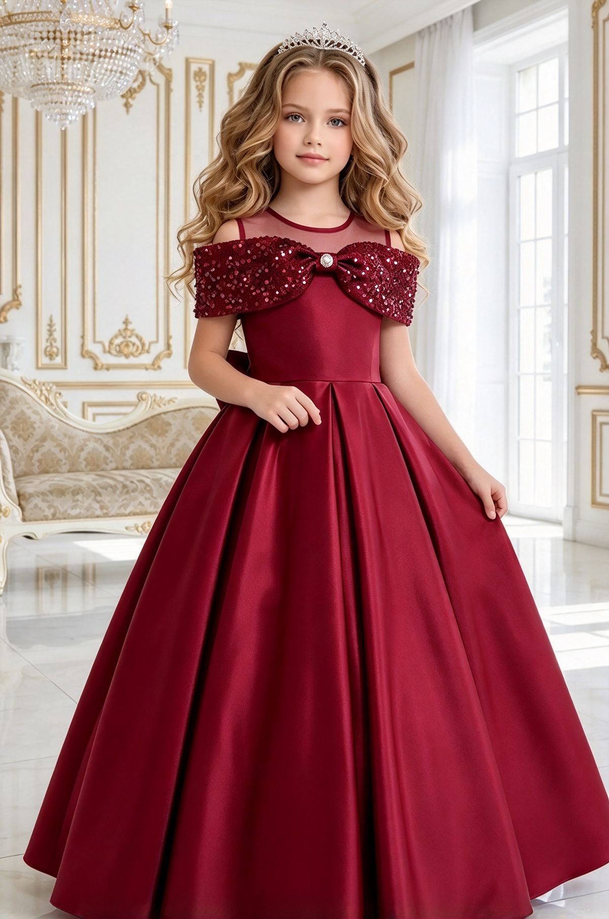 Pink Satin Off Shoulder Sequin Bow A-Line Dress