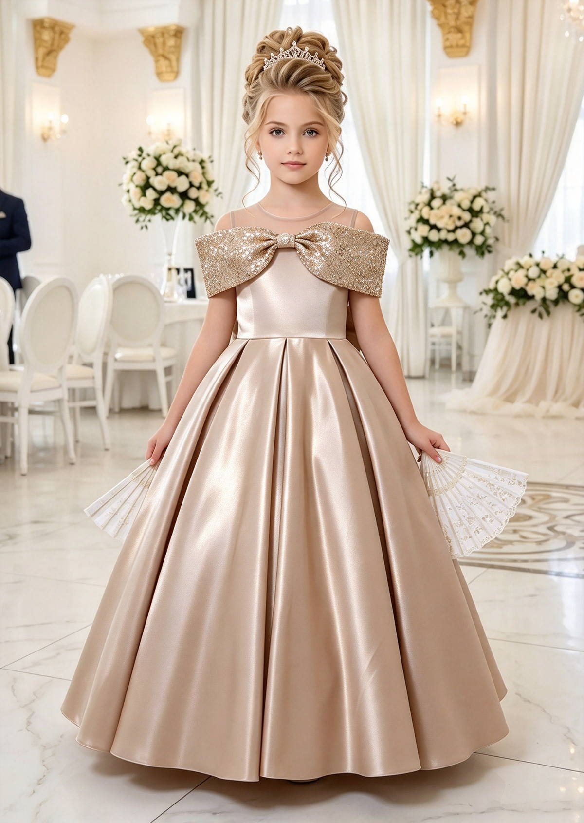 Pink Satin Off Shoulder Sequin Bow A-Line Dress