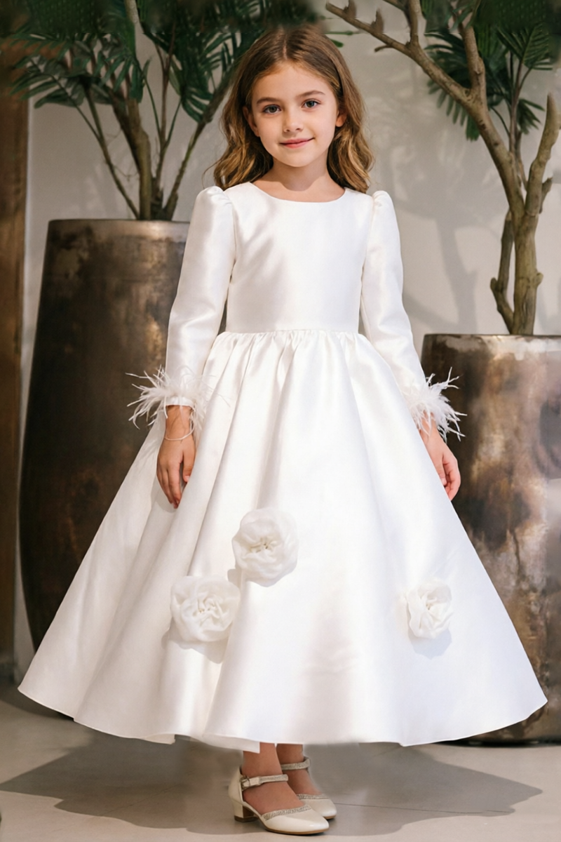 Girls White Satin Flower Girl Dress