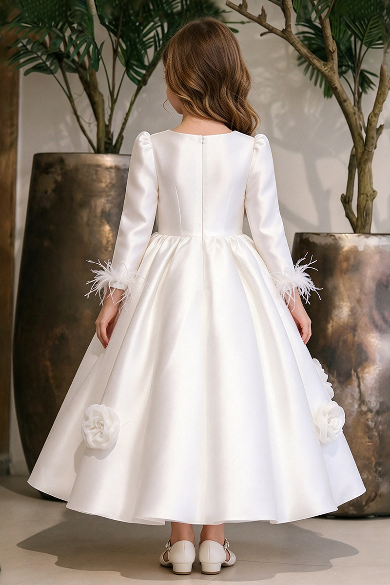 Girls White Satin Flower Girl Dress