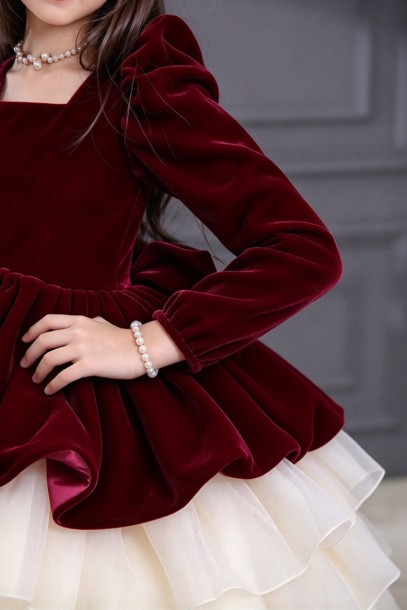 Girls Burgundy Velvet Dress with Puff Sleeves