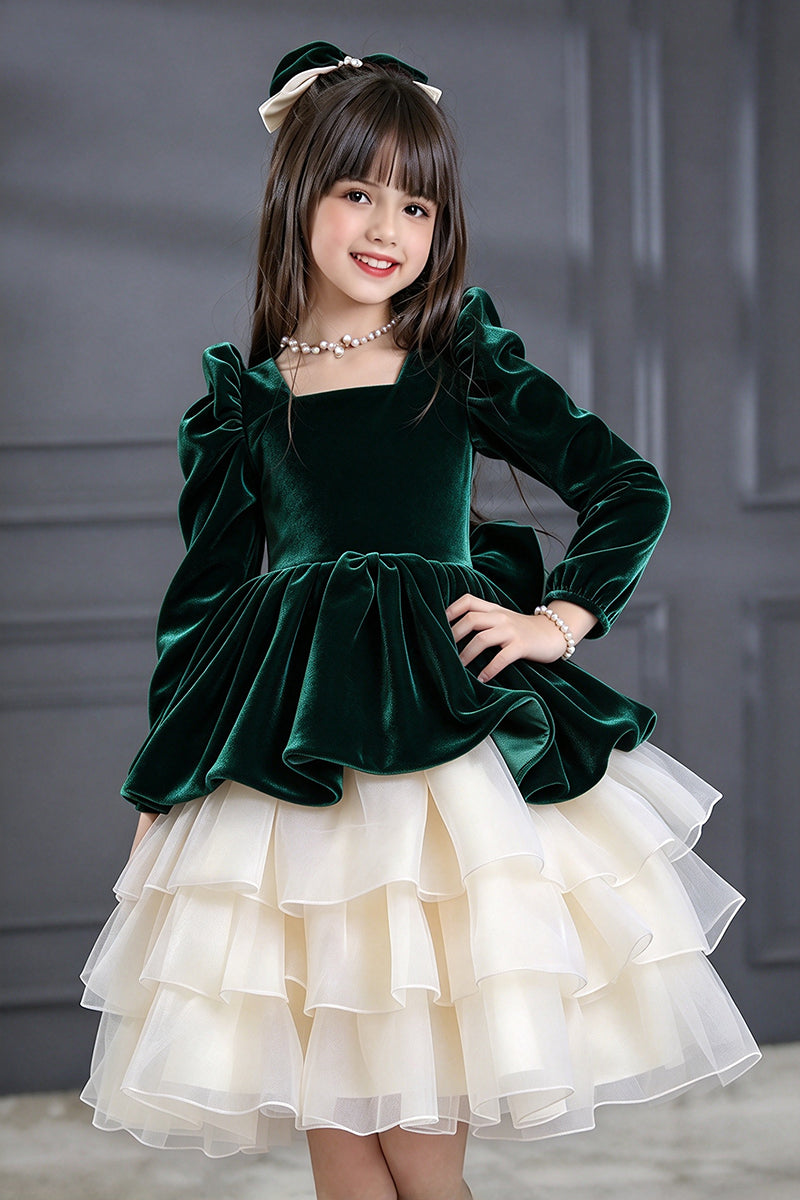 Girls Burgundy Velvet Dress with Puff Sleeves
