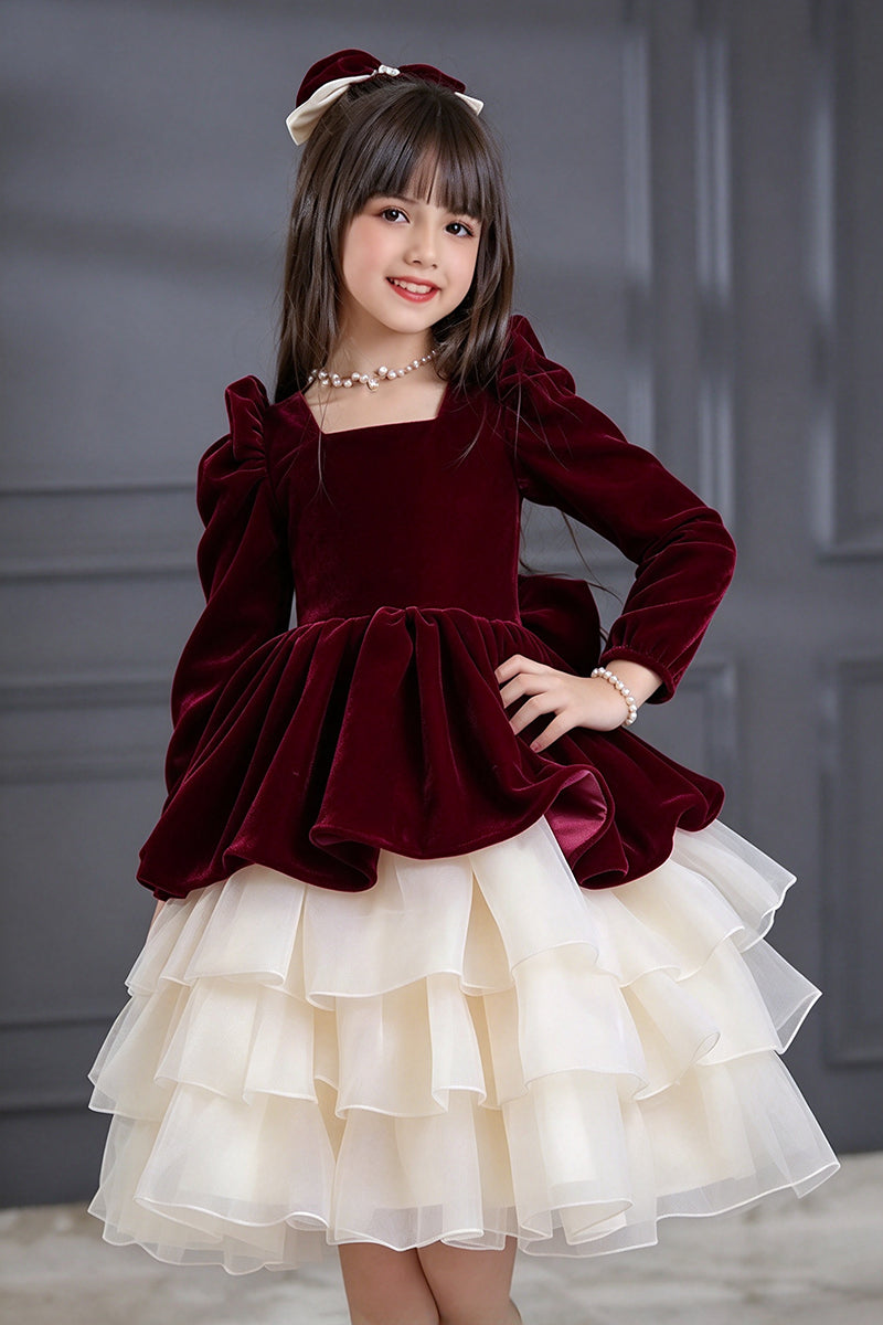 Girls Burgundy Velvet Dress with Puff Sleeves