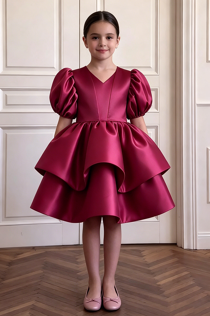 Girls Burgundy Satin Dress with Puff Sleeves