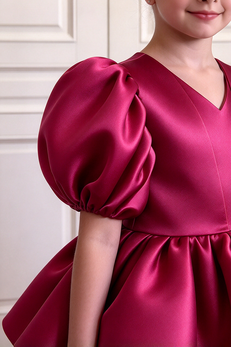 Girls Burgundy Satin Dress with Puff Sleeves