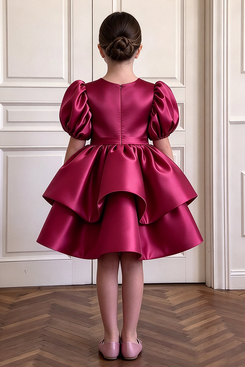 Girls Burgundy Satin Dress with Puff Sleeves