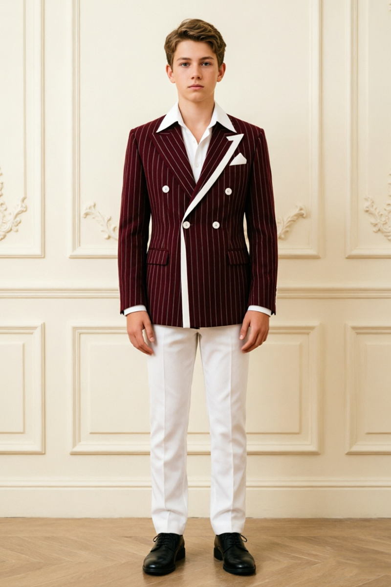 Boys Burgundy Pinstripe with White Trim 2-Piece Suit