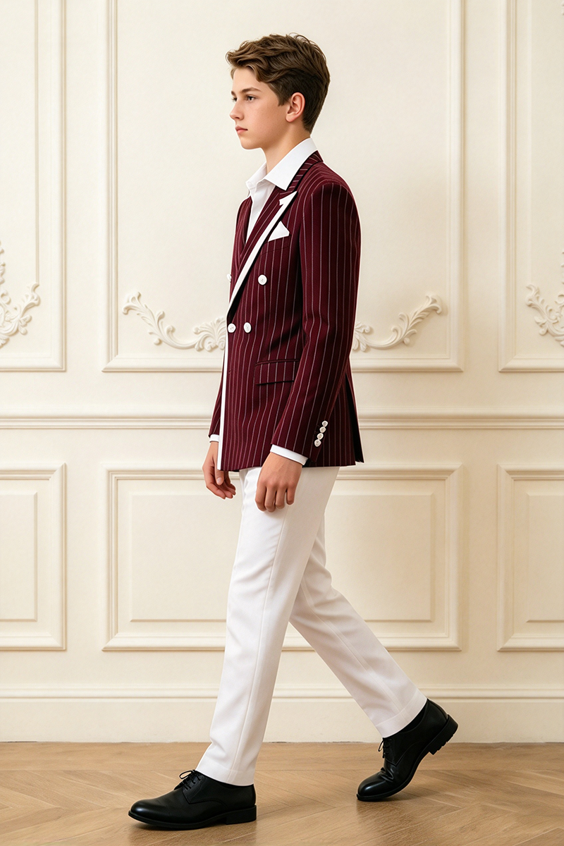 Boys Burgundy Pinstripe with White Trim 2-Piece Suit