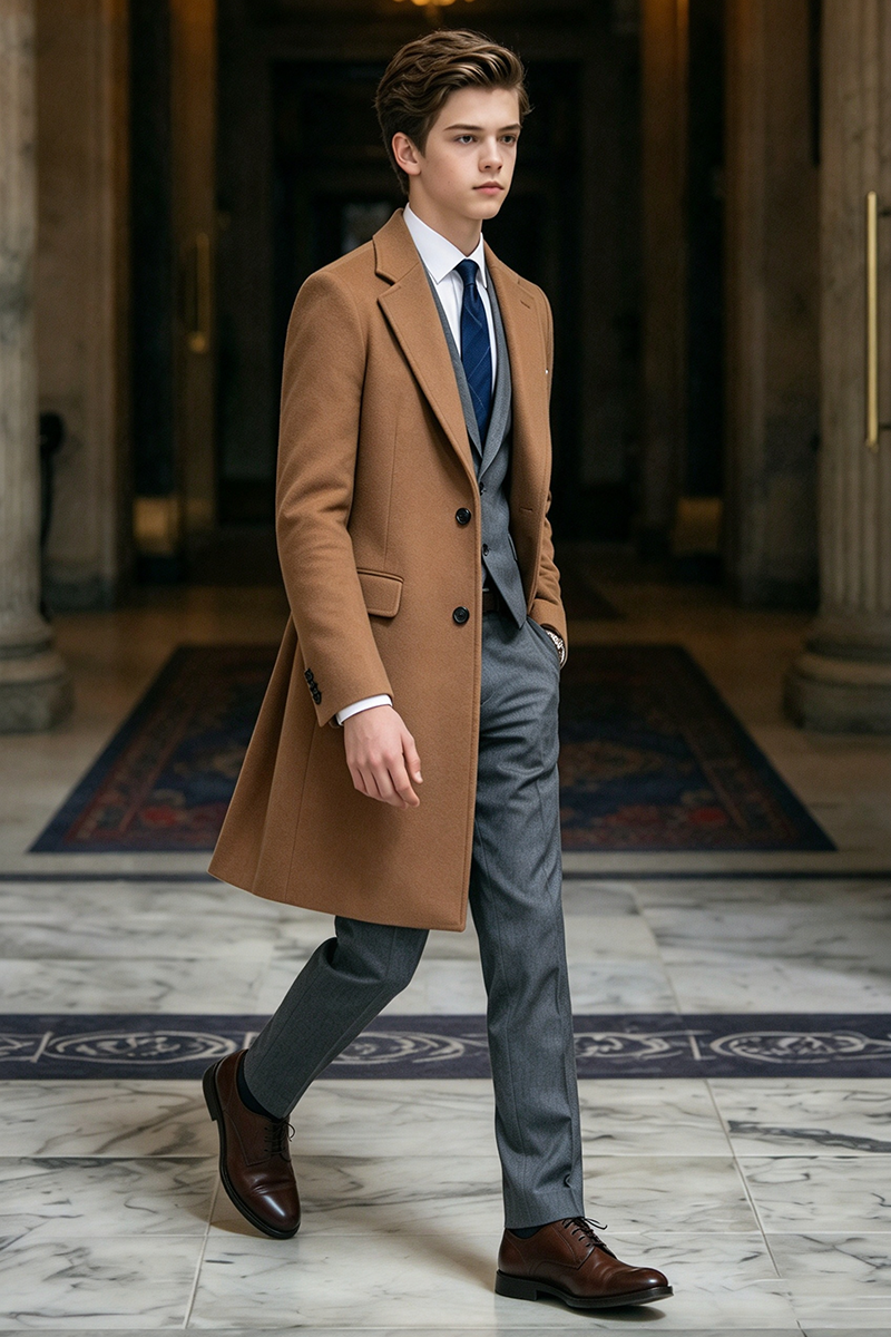 Boys Camel Overcoat 3-Piece Suit Set