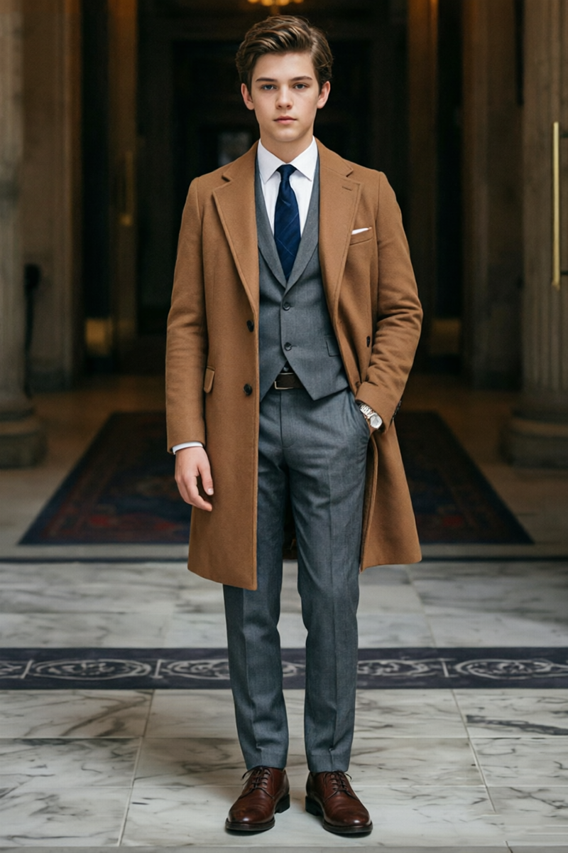 Boys Camel Overcoat 3-Piece Suit Set