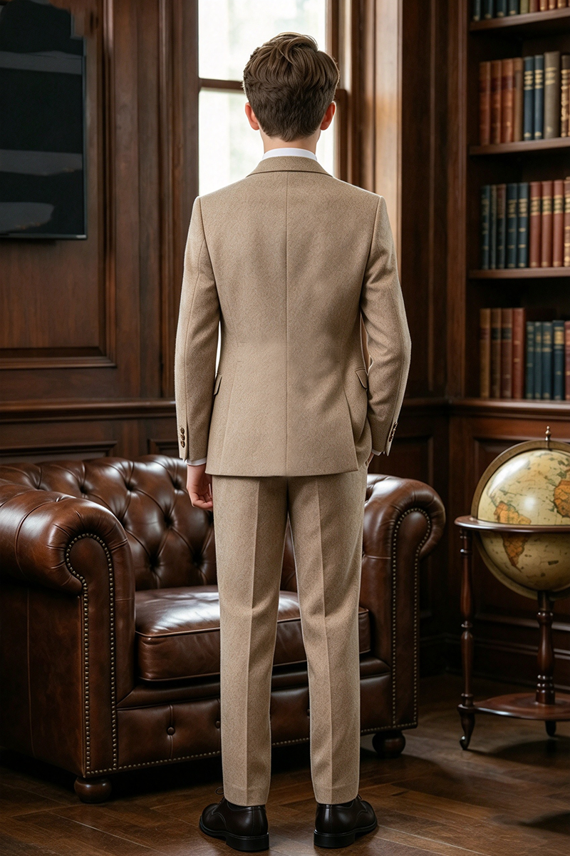 Boys Khaki Tweed 3-Piece Suit Set