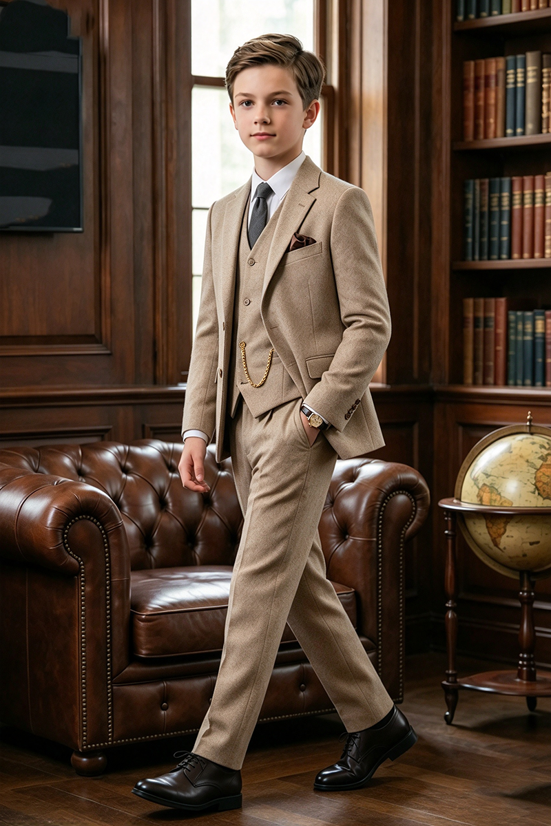 Boys Khaki Tweed 3-Piece Suit Set
