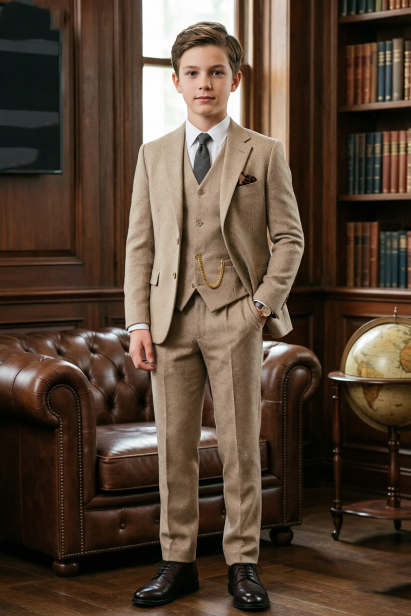 Boys Khaki Tweed 3-Piece Suit Set