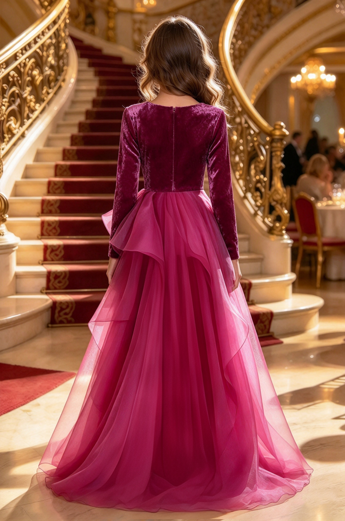 Fuchsia Velvet Long Sleeve Organza Ruffle Bow A-Line Dress