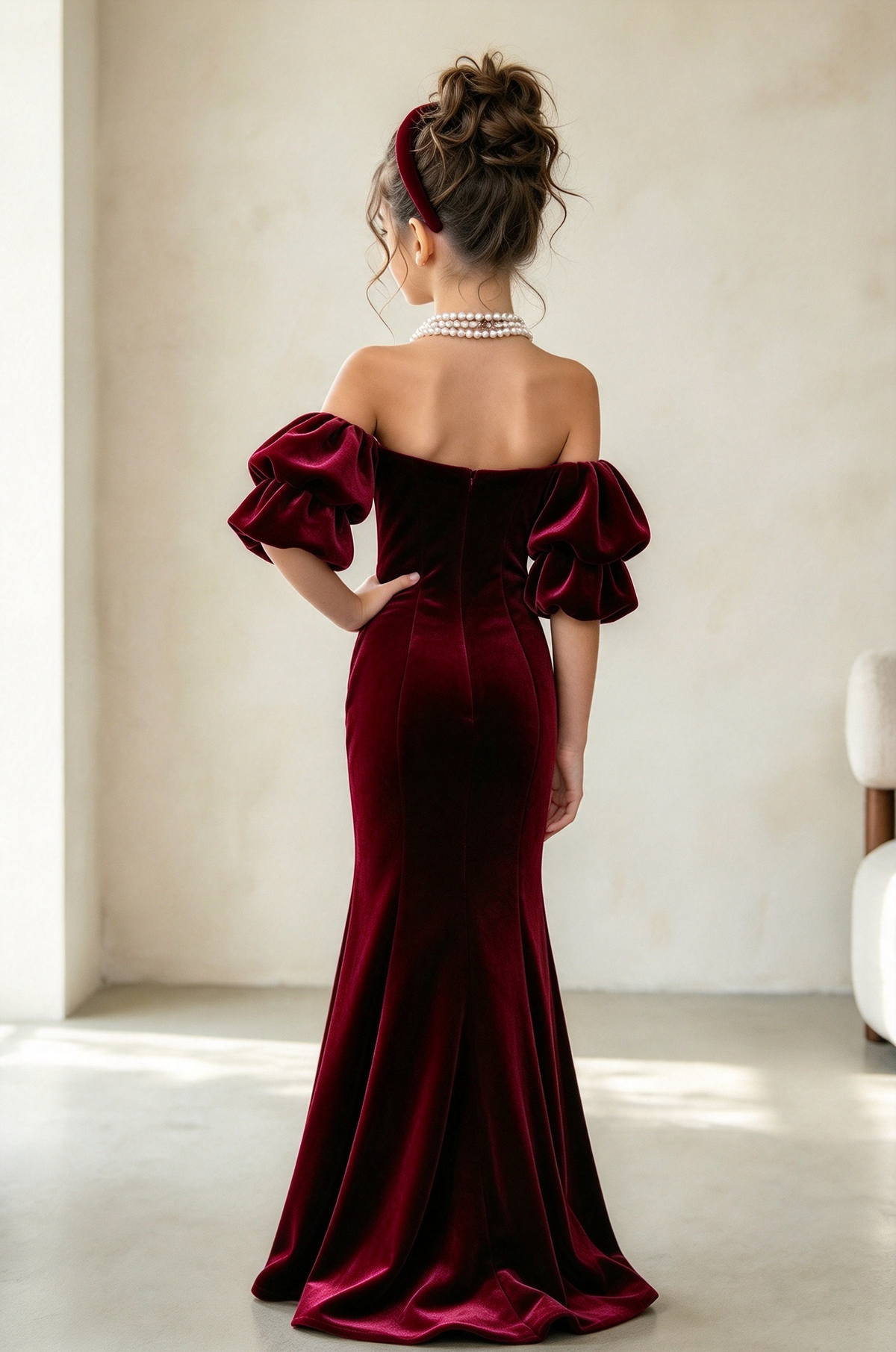 Burgundy Velvet Off Shoulder Puff Sleeve Mermaid Dress