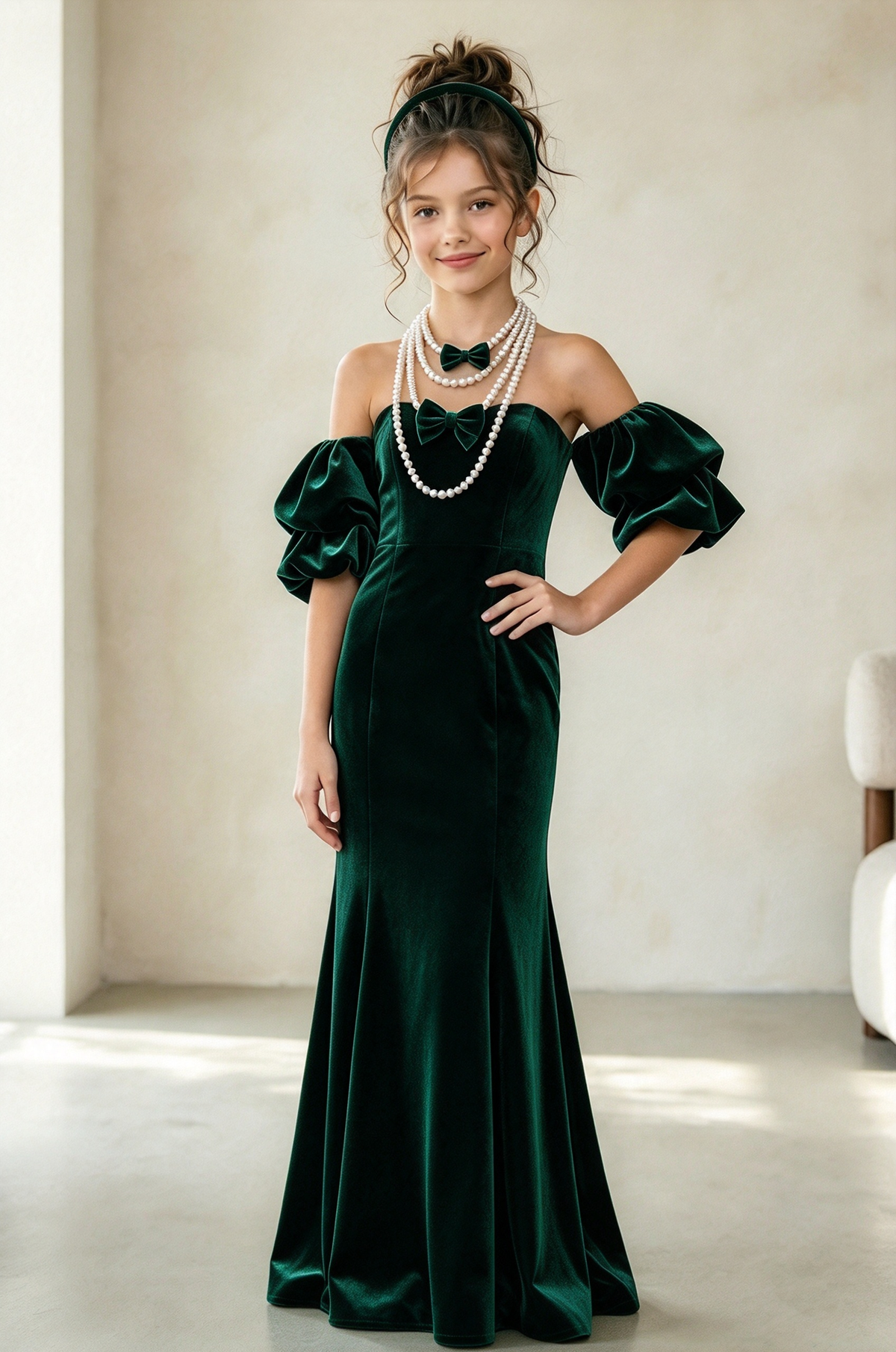 Burgundy Velvet Off Shoulder Puff Sleeve Mermaid Dress